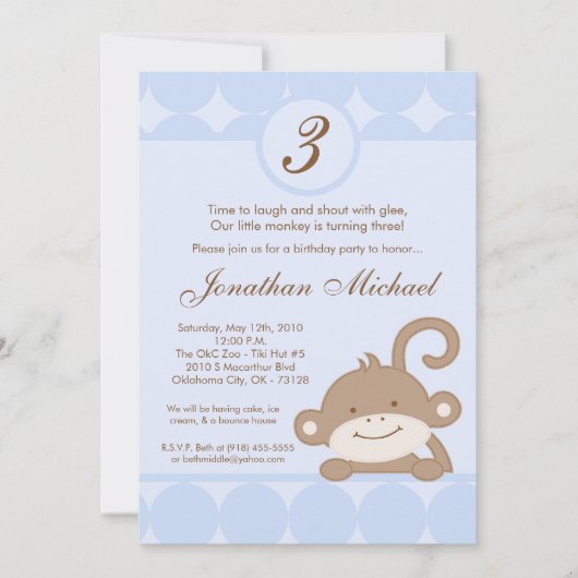 5x7 Boy Blue PolkaDot Monkey Birthday Uitnodiging (Voorkant)