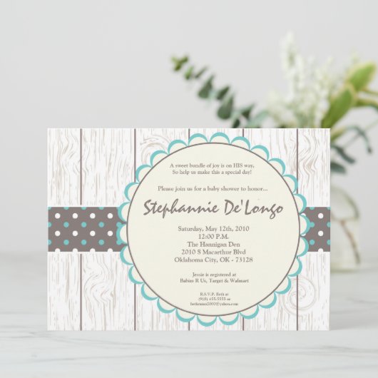 5x7 Boy Blue Polkadot Poke Baby shower Uitnodiging (Staand voorkant)