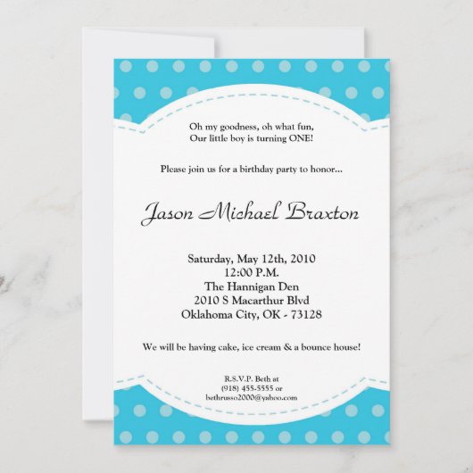 5x7 Boy Blue Polkadot Poke Birthday Uitnodiging (Voorkant)