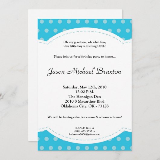 5x7 Boy Blue Polkadot Poke Birthday Uitnodiging (Voorkant / Achterkant)