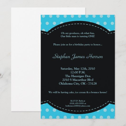 5x7 Boy Blue Polkadot Poke Birthday Uitnodiging (Voorkant / Achterkant)