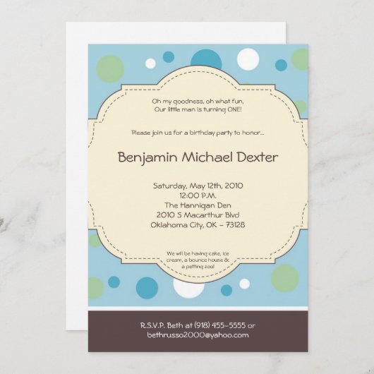 5x7 Boy Blue Polkadot Poke Birthday Uitnodiging (Voorkant / Achterkant)