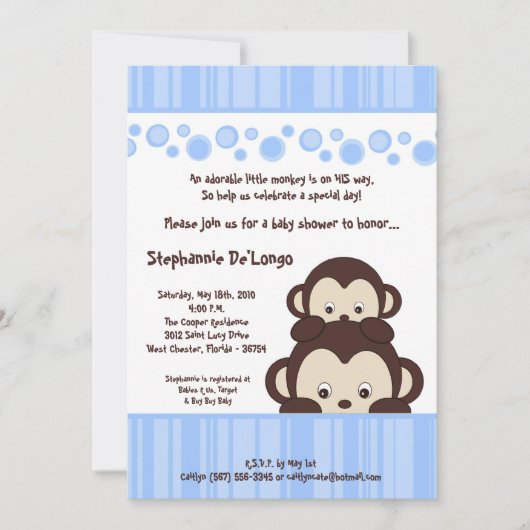 5x7 Boy Blue Pop Monkey Baby shower Uitnodiging (Voorkant)