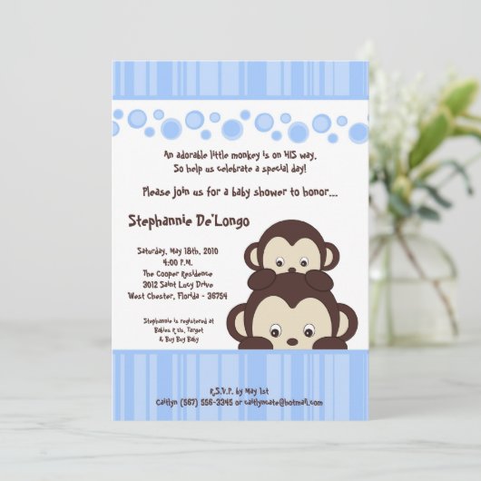 5x7 Boy Blue Pop Monkey Baby shower Uitnodiging (Staand voorkant)