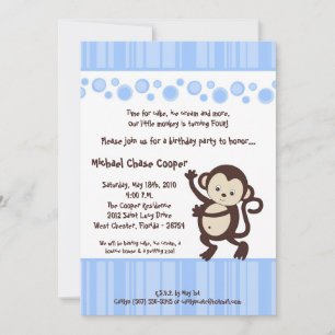5x7 Boy Blue Pop Monkey Verjaardagsuitnodiging Kaart