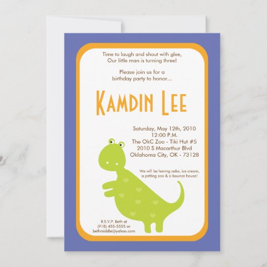 5x7 Boy Dinosaur Dino Birthday Uitnodiging (Voorkant)