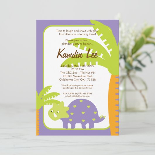 5x7 Boy Dinosaur Dino Birthday Uitnodiging (Staand voorkant)