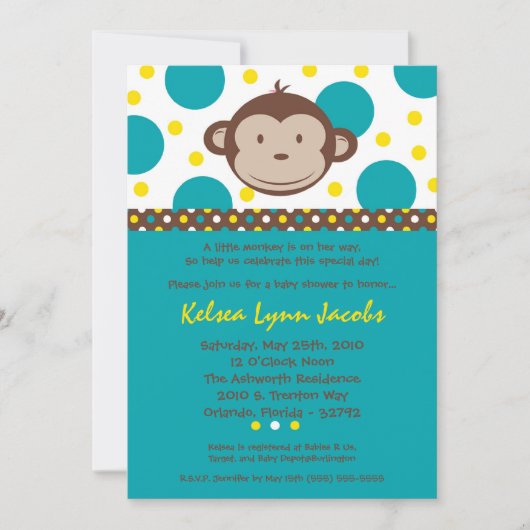 5x7 Boy Modern Mod Monkey Baby shower Uitnodiging (Voorkant)