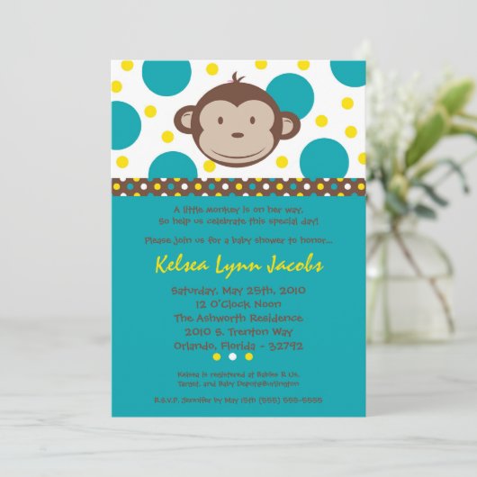 5x7 Boy Modern Mod Monkey Baby shower Uitnodiging (Staand voorkant)