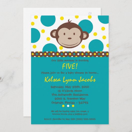 5x7 Boy Modern Mod Monkey Birthday Par Uitnodiging (Voorkant / Achterkant)