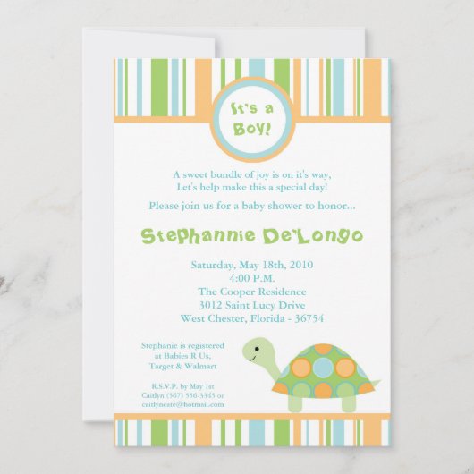 5x7 Boy Ocean Zee Turtle Baby shower Invitation Kaart (Voorkant)