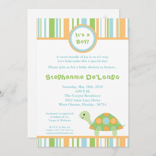 5x7 Boy Ocean Zee Turtle Baby shower Invitation Kaart (Voorkant / Achterkant)