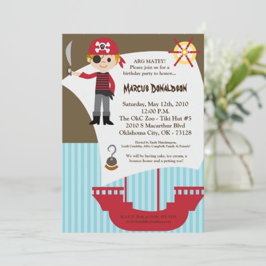 5x7 Boy Pirate Ship Birthday Party Invitation Kaart (Staand voorkant)