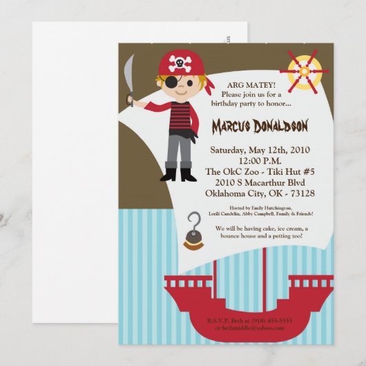 5x7 Boy Pirate Ship Birthday Party Invitation Kaart (Voorkant / Achterkant)