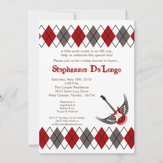 5x7 Boy Punk Rocker Guitar Baby shower Uitnodiging (Voorkant)