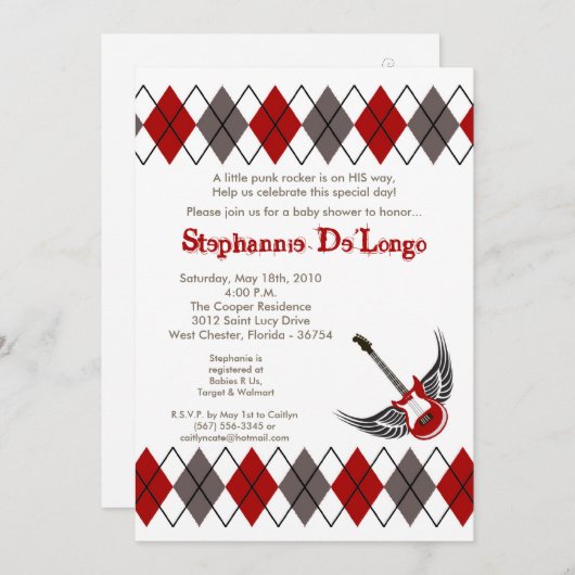 5x7 Boy Punk Rocker Guitar Baby shower Uitnodiging (Voorkant / Achterkant)
