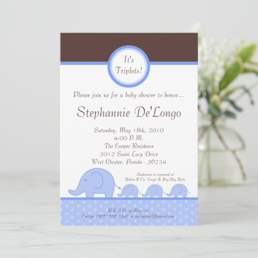 5x7 Boy Triplets Elephant Baby shower Uitnodiging (Staand voorkant)