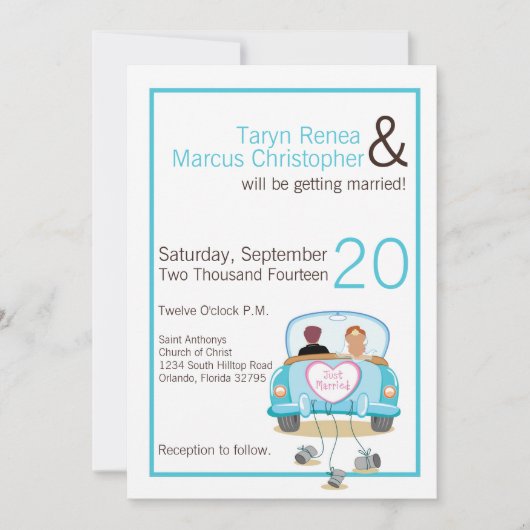 5x7 bruid bruidegom auto blikjes bruiloft uitnodig kaart (Voorkant)