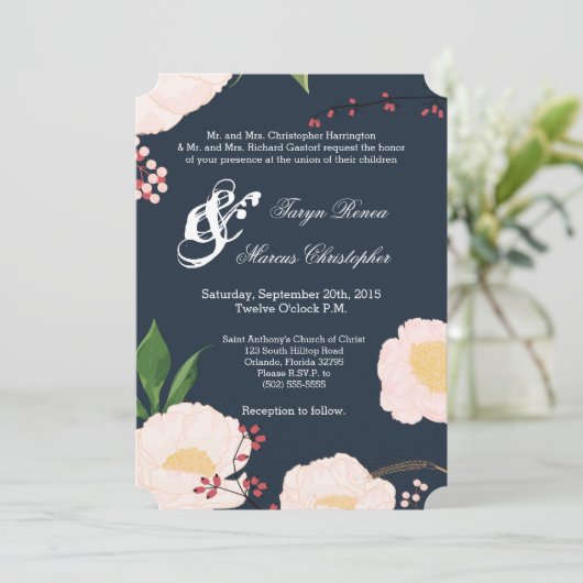 5x7 bruiloft uitnodiging Baby roze kosmos op marin (Staand voorkant)