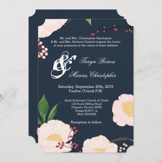 5x7 bruiloft uitnodiging Baby roze kosmos op marin (Voorkant / Achterkant)