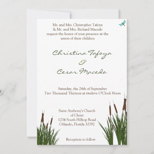 5x7 bruiloft uitnodiging Cattail/Dragonfly in kleu (Voorkant)