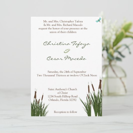 5x7 bruiloft uitnodiging Cattail/Dragonfly in kleu (Staand voorkant)