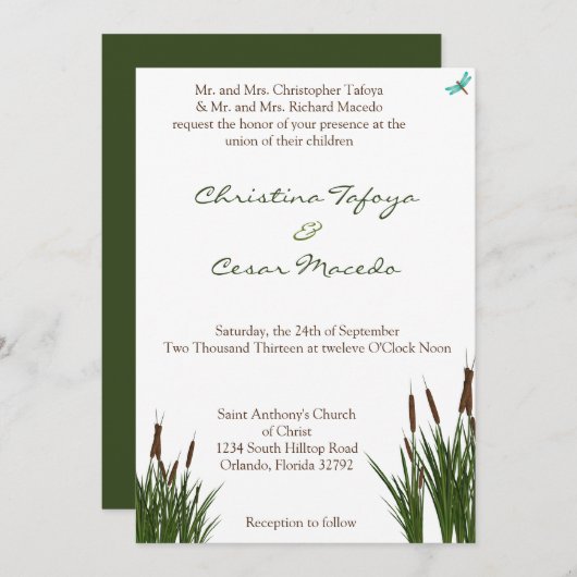 5x7 bruiloft uitnodiging Cattail/Dragonfly in kleu (Voorkant / Achterkant)