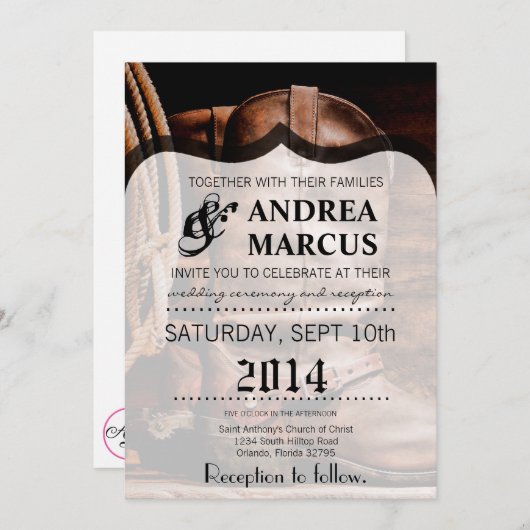 5x7 bruiloft uitnodiging cowboy laarzen schuur hou (Voorkant / Achterkant)