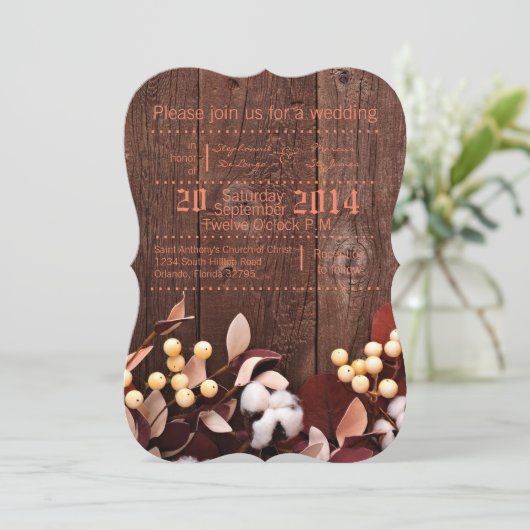 5x7 bruiloft uitnodiging katoenen tak op donker ho (Staand voorkant)