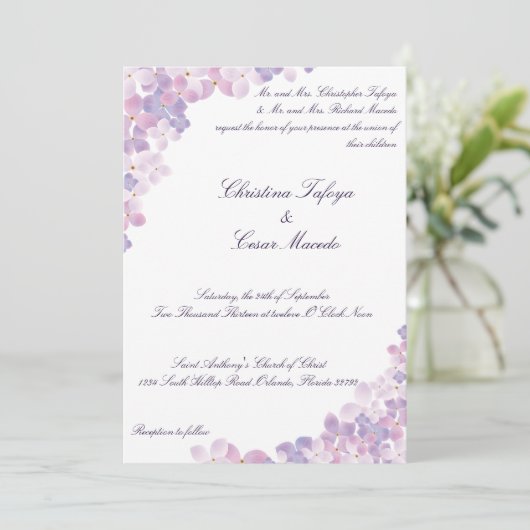 5x7 bruiloft uitnodiging Paarse Hydrangea Bloemen (Staand voorkant)