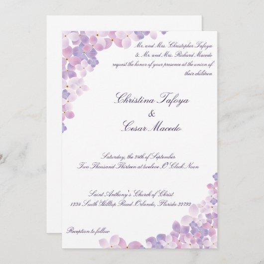 5x7 bruiloft uitnodiging Paarse Hydrangea Bloemen (Voorkant / Achterkant)