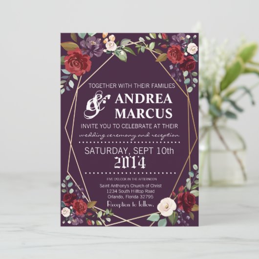 5x7 bruiloft uitnodiging pruim Paarse Rozen gouden (Staand voorkant)