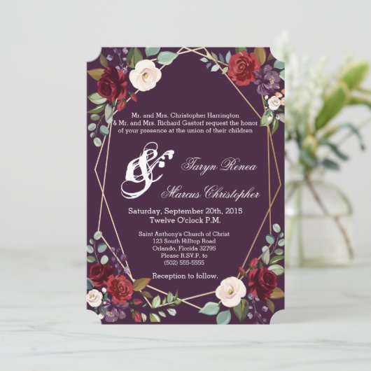 5x7 bruiloft uitnodiging pruim Paarse Rozen gouden (Staand voorkant)