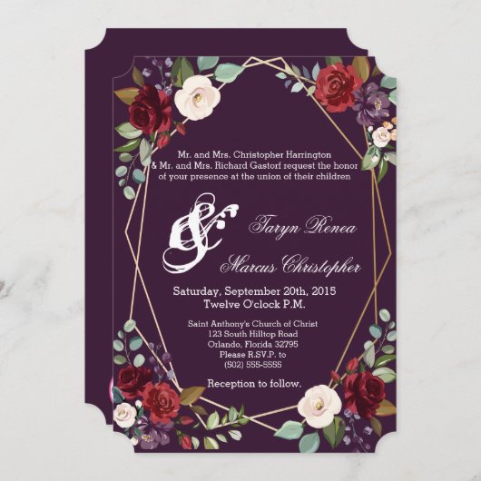 5x7 bruiloft uitnodiging pruim Paarse Rozen gouden (Voorkant / Achterkant)