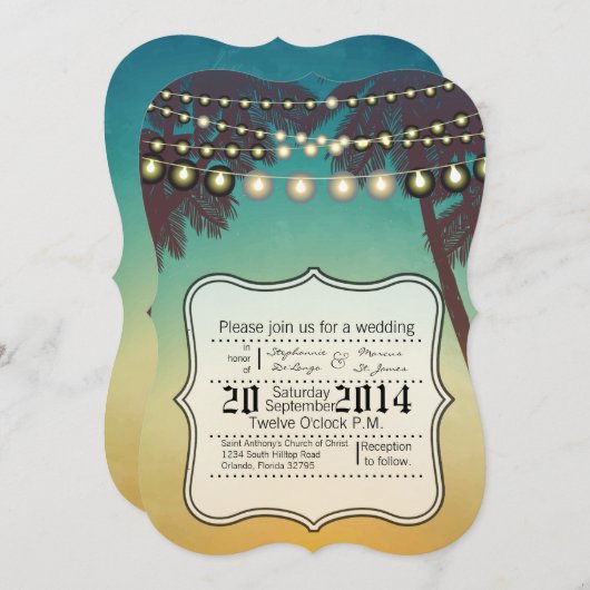 5x7 bruiloft uitnodiging strand zonsondergang palm (Voorkant / Achterkant)