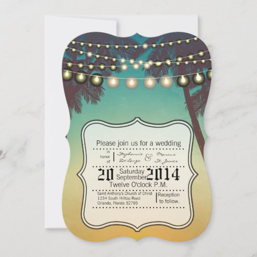 5x7 bruiloft uitnodiging strand zonsondergang palm (Voorkant)