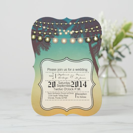 5x7 bruiloft uitnodiging strand zonsondergang palm (Staand voorkant)