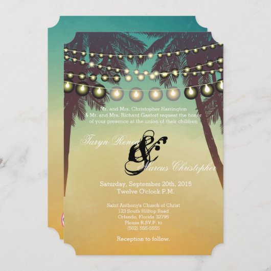 5x7 bruiloft uitnodiging strand zonsondergang palm (Voorkant / Achterkant)