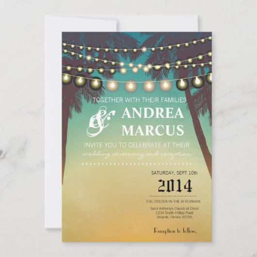 5x7 bruiloft uitnodiging strand zonsondergang palm (Voorkant)