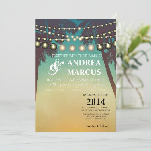 5x7 bruiloft uitnodiging strand zonsondergang palm (Staand voorkant)