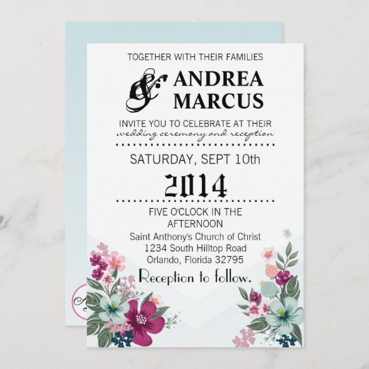 5x7 bruiloft uitnodiging tropische bloemen op blau (Voorkant / Achterkant)