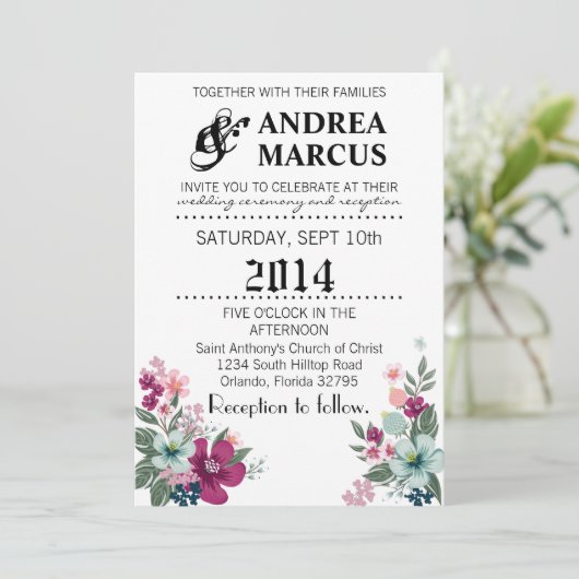 5x7 bruiloft uitnodiging Tropische bloemen op wit (Staand voorkant)