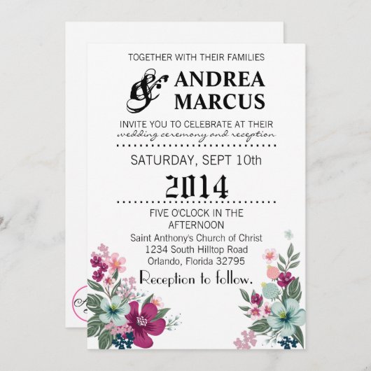 5x7 bruiloft uitnodiging Tropische bloemen op wit (Voorkant / Achterkant)