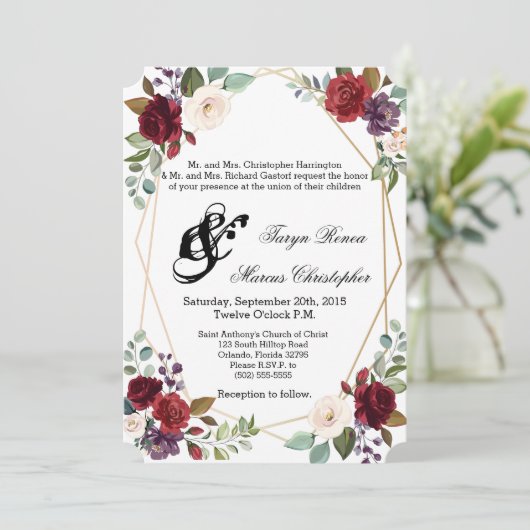 5x7 bruiloft uitnodiging wit rozen goud geometrisc (Staand voorkant)