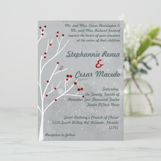 5x7 bruiloft uitnodiging witte Holly Berry Tree Wi (Staand voorkant)