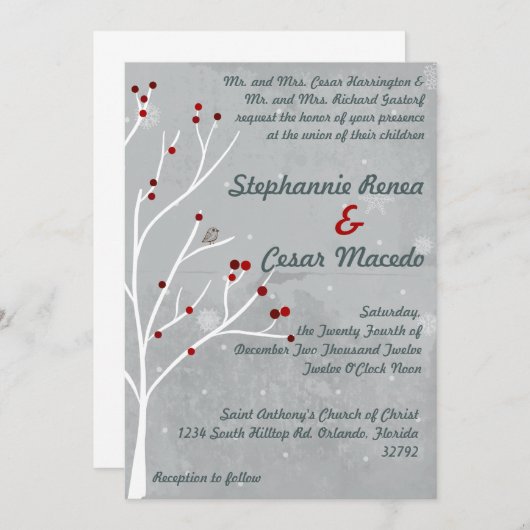 5x7 bruiloft uitnodiging witte Holly Berry Tree Wi (Voorkant / Achterkant)