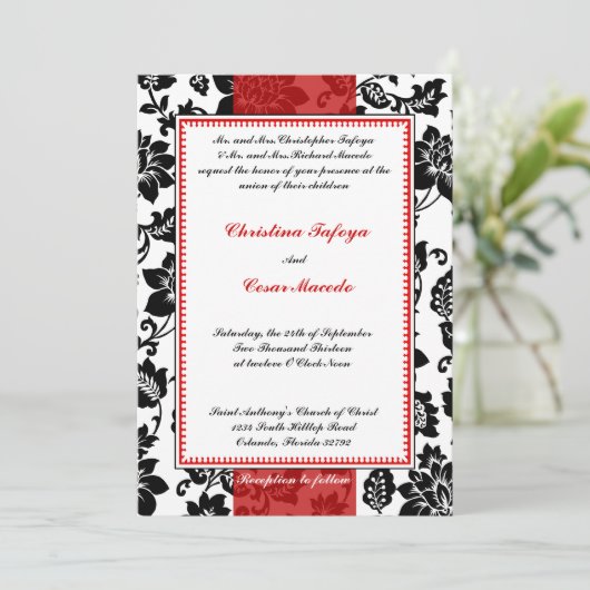 5x7 bruiloft uitnodiging zwart bloeien rode streep (Staand voorkant)