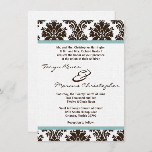 5x7 Bruin Damask Lace Linen Wedding Invite Kaart (Voorkant / Achterkant)