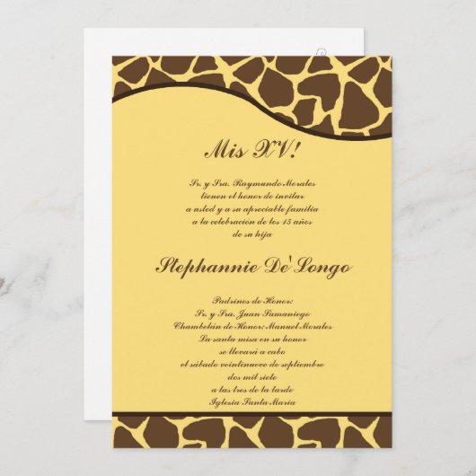 5x7 Bruin Gele Giraffe Quinceanera Party Uitnodige Kaart (Voorkant / Achterkant)