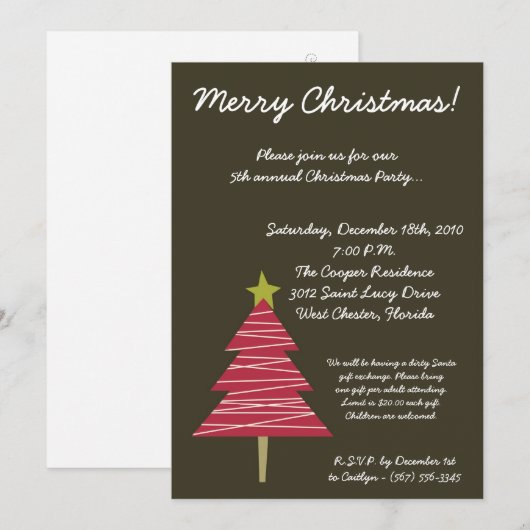 5x7 Bruin Rode XMAS Tree Kerstfeest Uitnodiging (Voorkant / Achterkant)